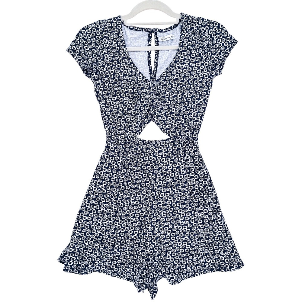 Hollister Blue White Floral Romper XS Cap Sleeve Cutouts Keyhole